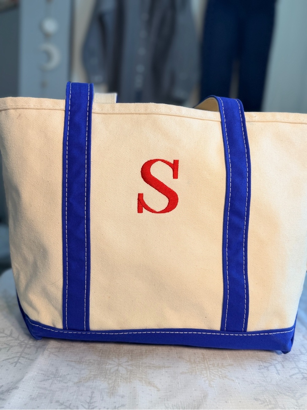 L.L. Bean Cream Canvas Tote with Blue Trim and Red Monogram